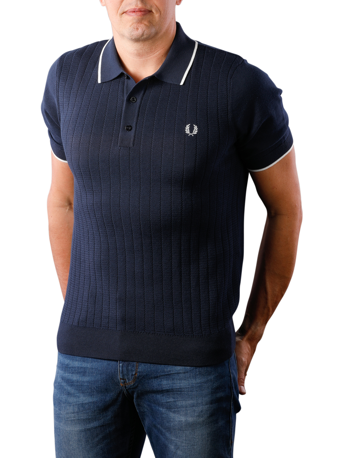 Fred Perry Mens Textured Front Knitted Shirt K5521 E97 Navy S